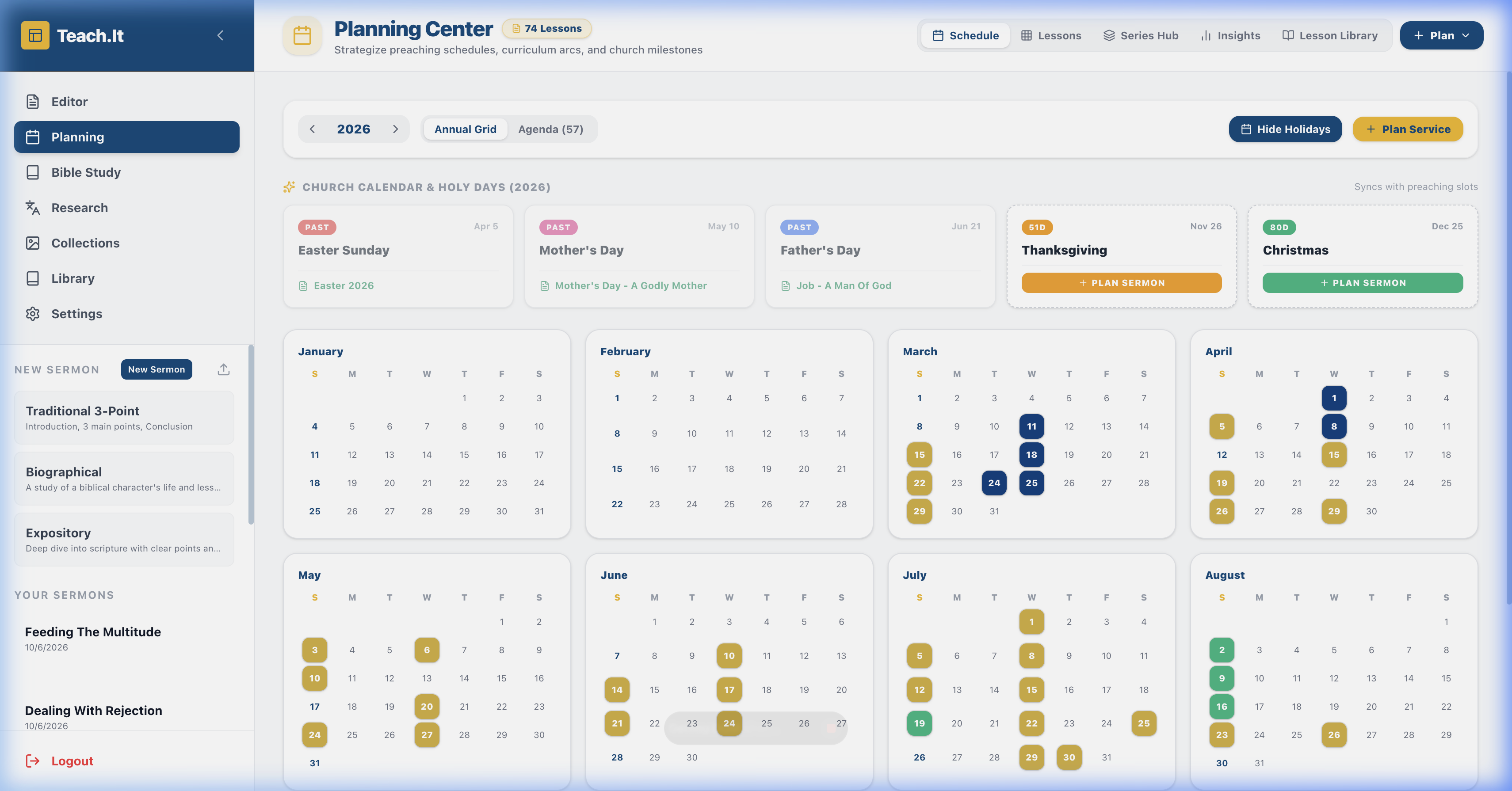 Teach.It Planning Center Schedule View showing Sunday calendar and sermon series