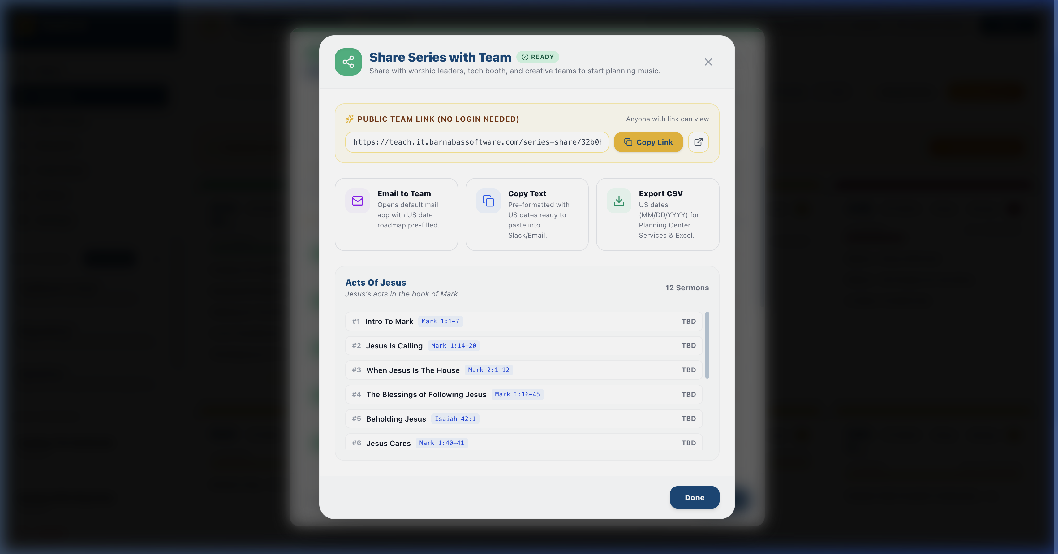 Series Share Modal showing worship briefing and week-by-week roadmap