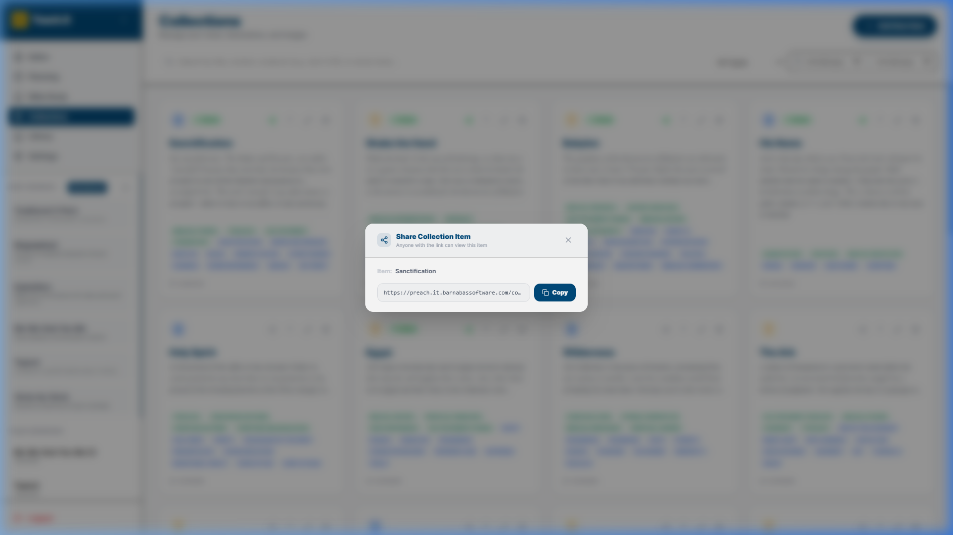 Share Collection Item dialog showing the shareable link