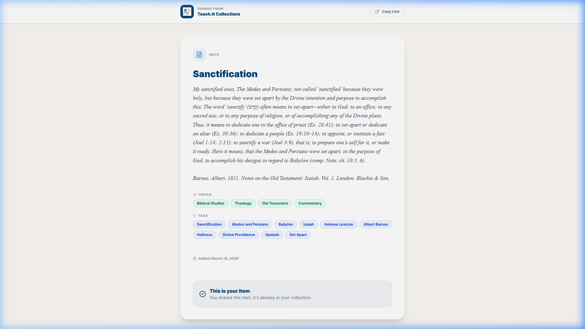 Public collection item view showing Sanctification note