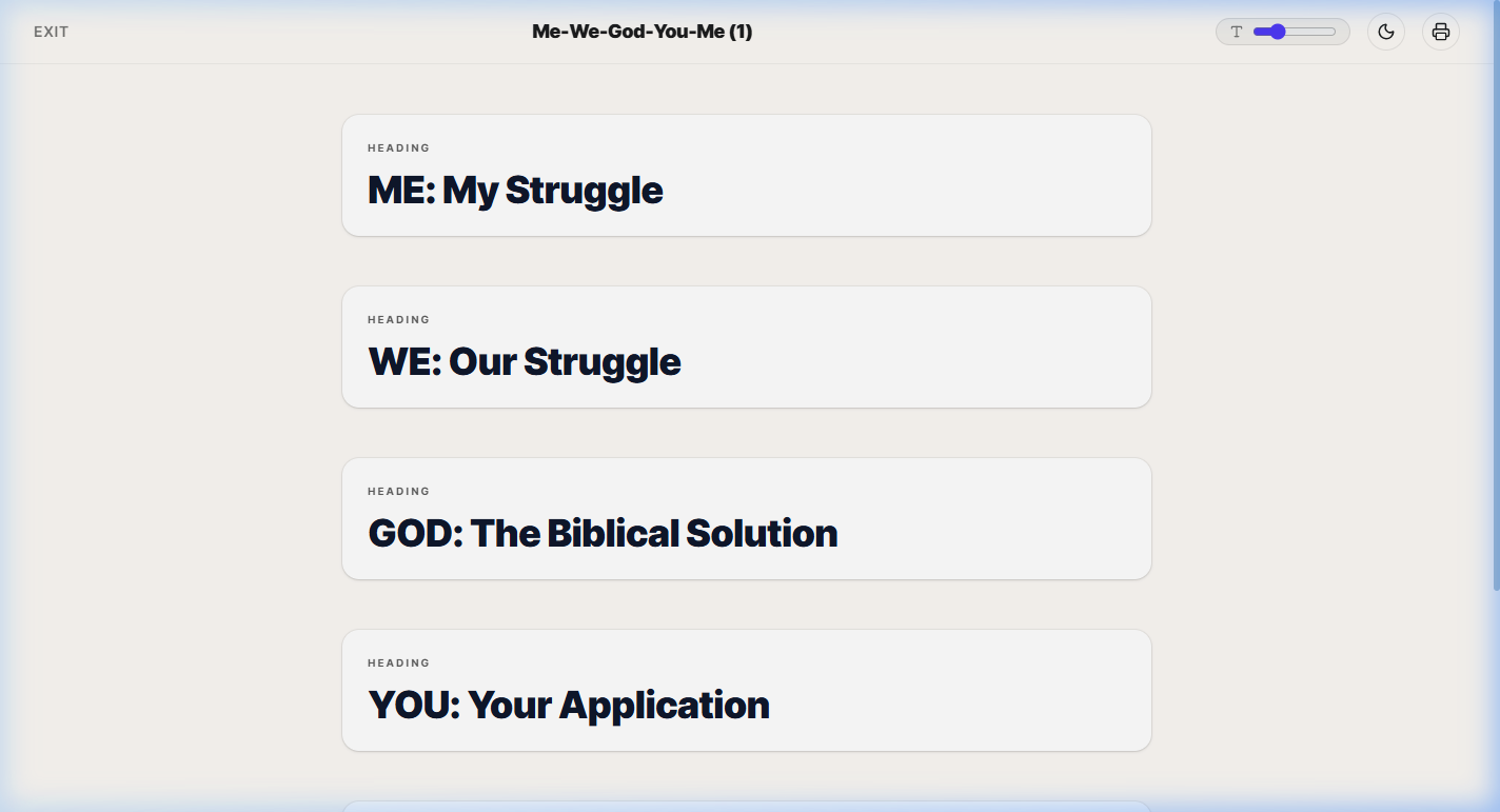 Public lesson handout view with ME WE GOD YOU ME outline